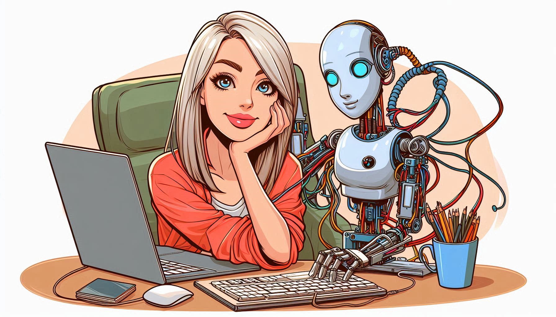 An AI posing as a young single mother from Massachusets. The mother is connected to her computer with wires. Image in cartoon style and no text in image