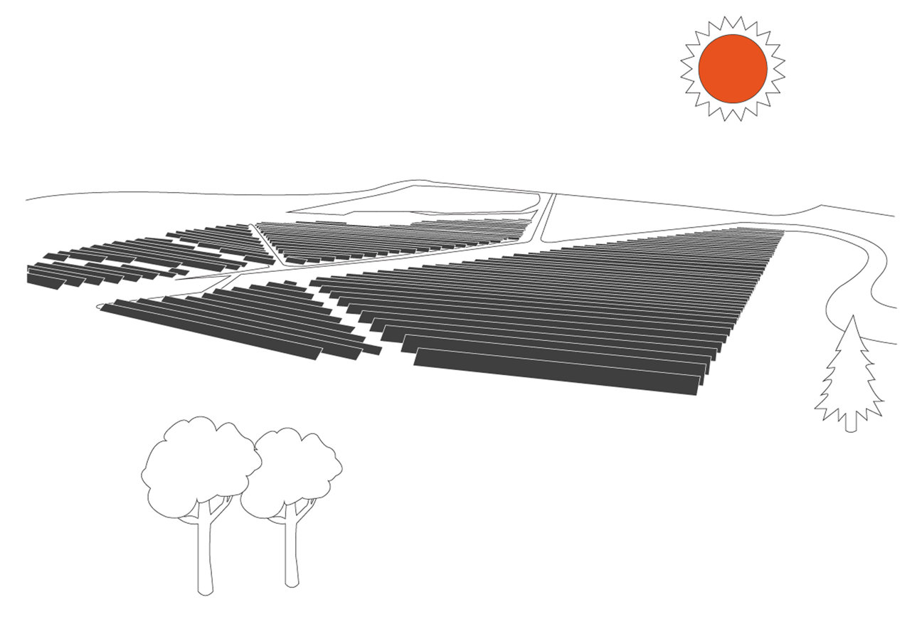 Illustration över solcellspark off-site.