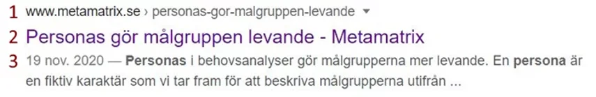 Utdrag ur google-sökning där Personas gör målgruppen leande av Metamatrix är nummer två