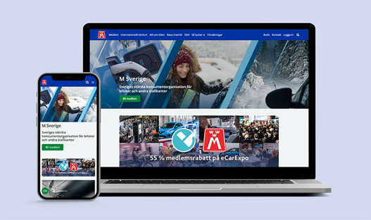 En laptop och en mobiltelefon visar M Sveriges nya hemsida