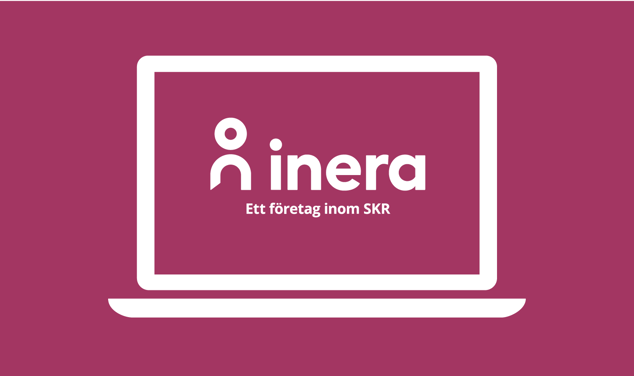 Ineras logotyp i en laptop-ikon på en vinröd rektangel.