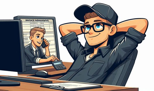 Projektledare sitter tillbakalutad i sin stol medan projektledarens digitala tvilling genomför administrativt arbete på datorn.