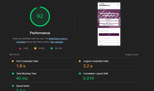 Ny bild på data över folkhogkola.se. Nu är Performance Score 92%.