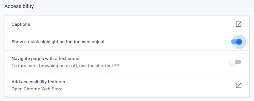 Inställningar för tillgänglighet i Google Chrome