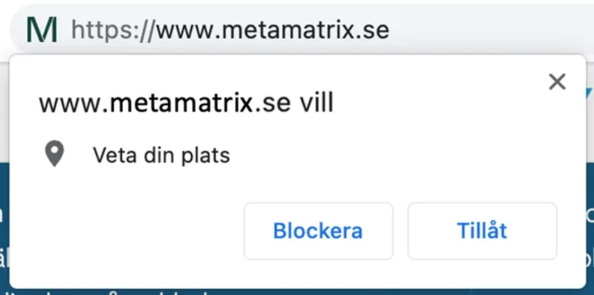 Skärmbild av webbläsarens dialog för att blockera eller tillåta webbplatsen att komma åt min position
