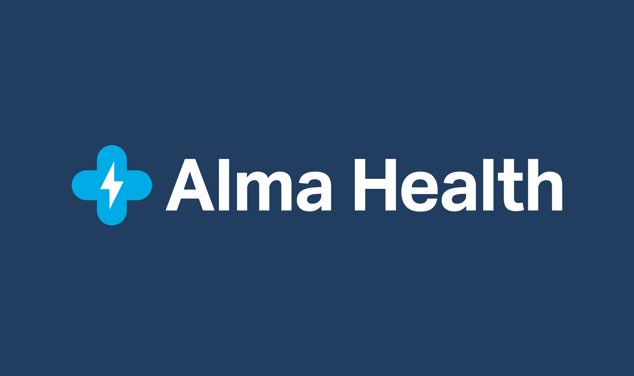 Alma Health logotyp på blå bakgrund.
