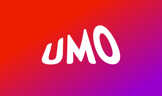 Umos logga på en rektangel med en röd och lila gradiering.