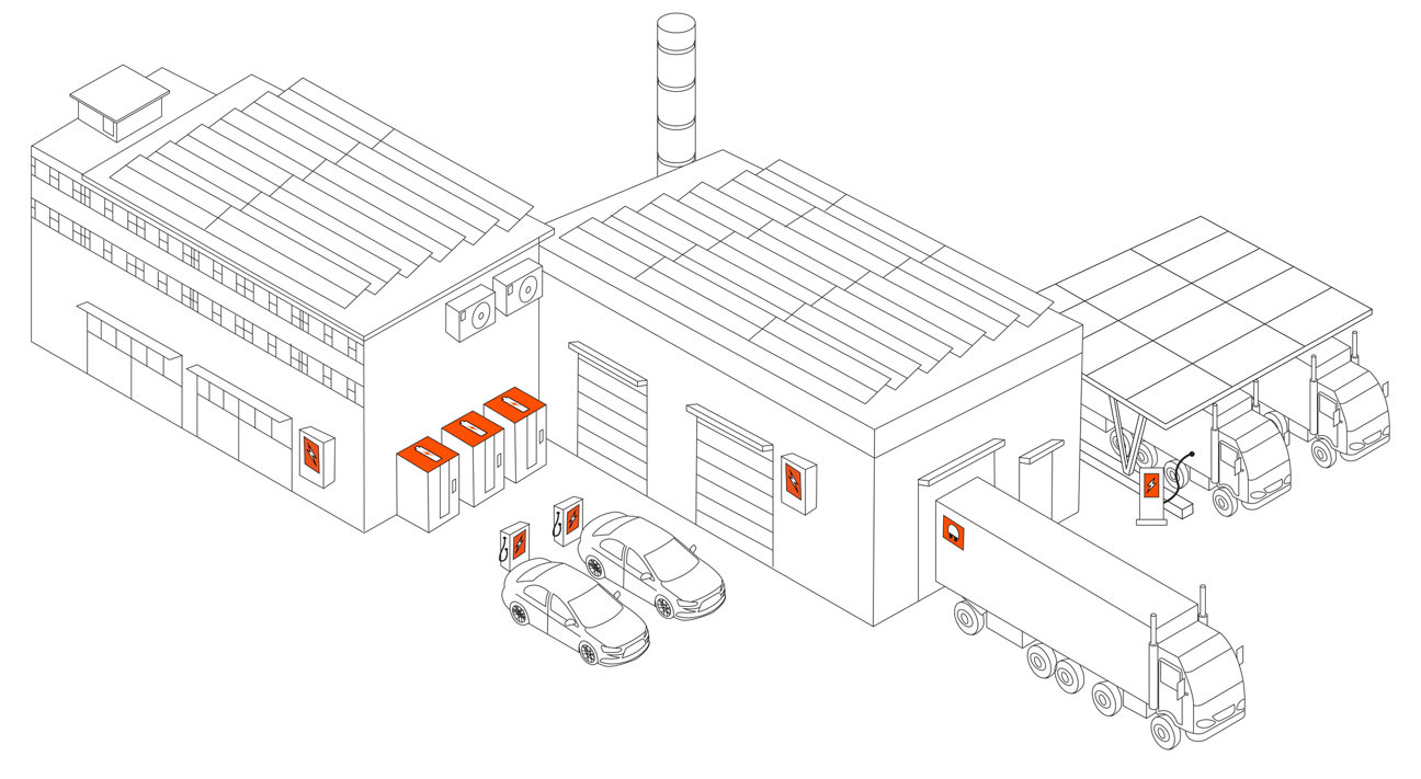Illustration över solceller placerade på fabriksverksamhet.