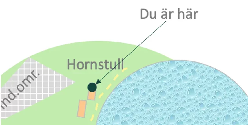 Utsnitt från hittepå-kartan, med en infälld pil och texten Du är här